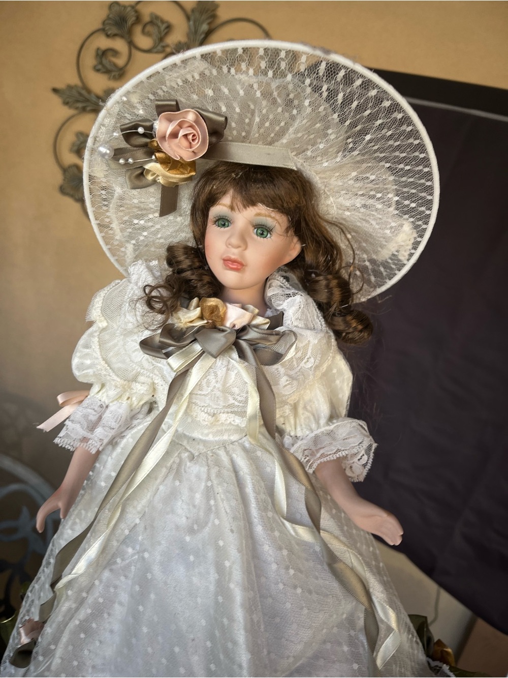 Porcelain Collector Doll in White Dress with Pink Rose Hat